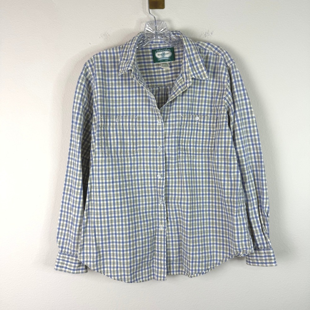 St. John's Bay Button Down Women Large Easy Shirt Plaid Blue Yellow Cotton